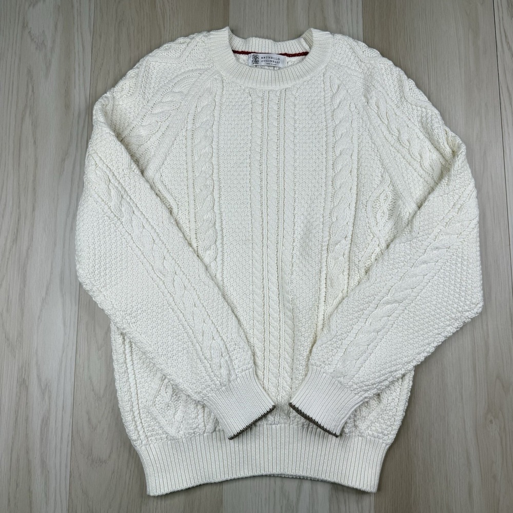 Brunello Cucinelli Cotton Aran Cable Knit Sweater Off White Italy Made Men's 50
